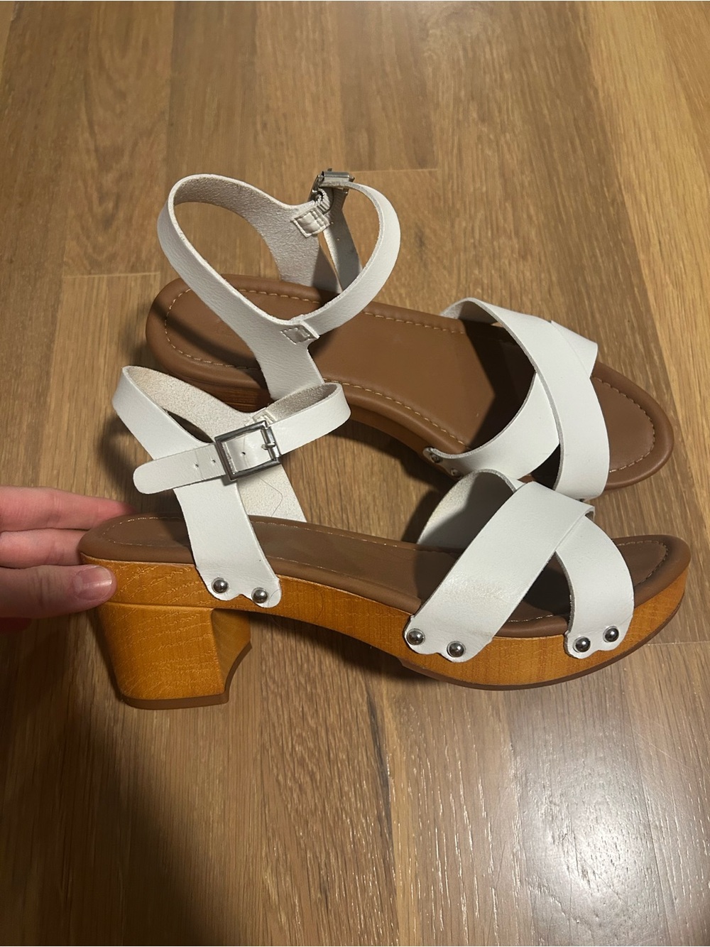 Cushionaire White Strappy Heel Sandals with Wood-Look Block Heel